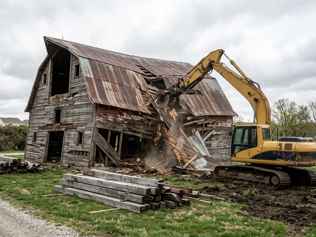 Excavator grapple pulling rusted tin and weathered timbers off an old hay barn near Independence, Missouri