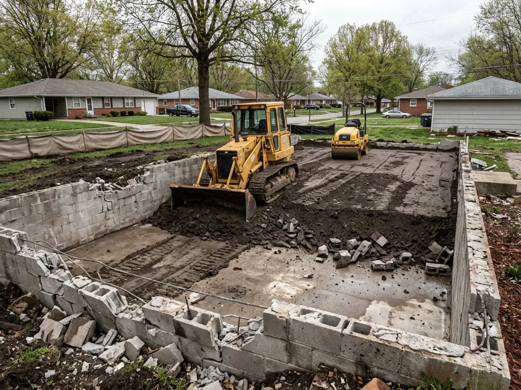 Track loader filling the basement of a demolished house in compacted lifts in Independence, Missouri