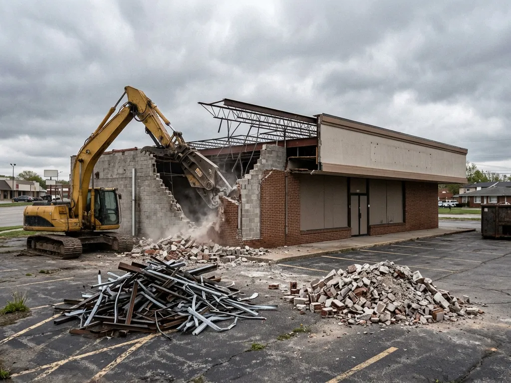 Excavator with a shear taking down a block commercial building, the kind of job the demolition companies serving Independence, Missouri compete for