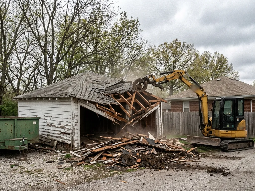 Excavator at the end of a demolition day beside a cleared lot in Independence, Missouri, the last step in a house demolition timeline