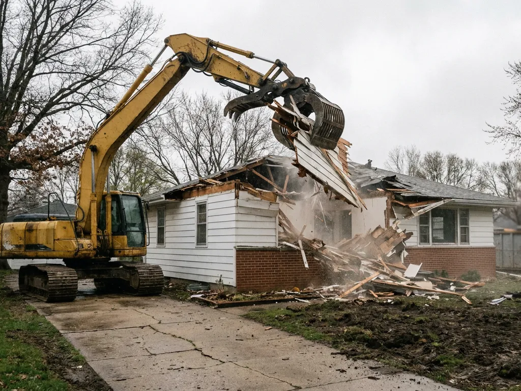 Excavator with a grapple pulling down a 1950s ranch house during a house demolition in Independence, Missouri