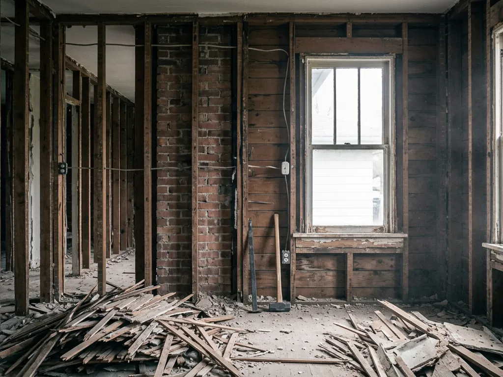 1920s house in Independence, Missouri gutted to the studs with lath and plaster removed during an interior demolition