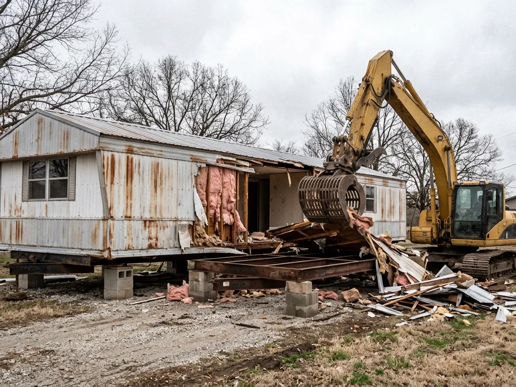 Grapple excavator tearing apart a faded single-wide mobile home on a rural lot outside Independence, Missouri