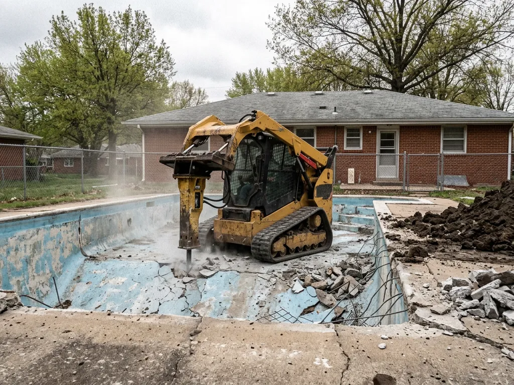 Skid steer with a hydraulic breaker cracking the shell of an emptied in-ground pool in an Independence, Missouri backyard