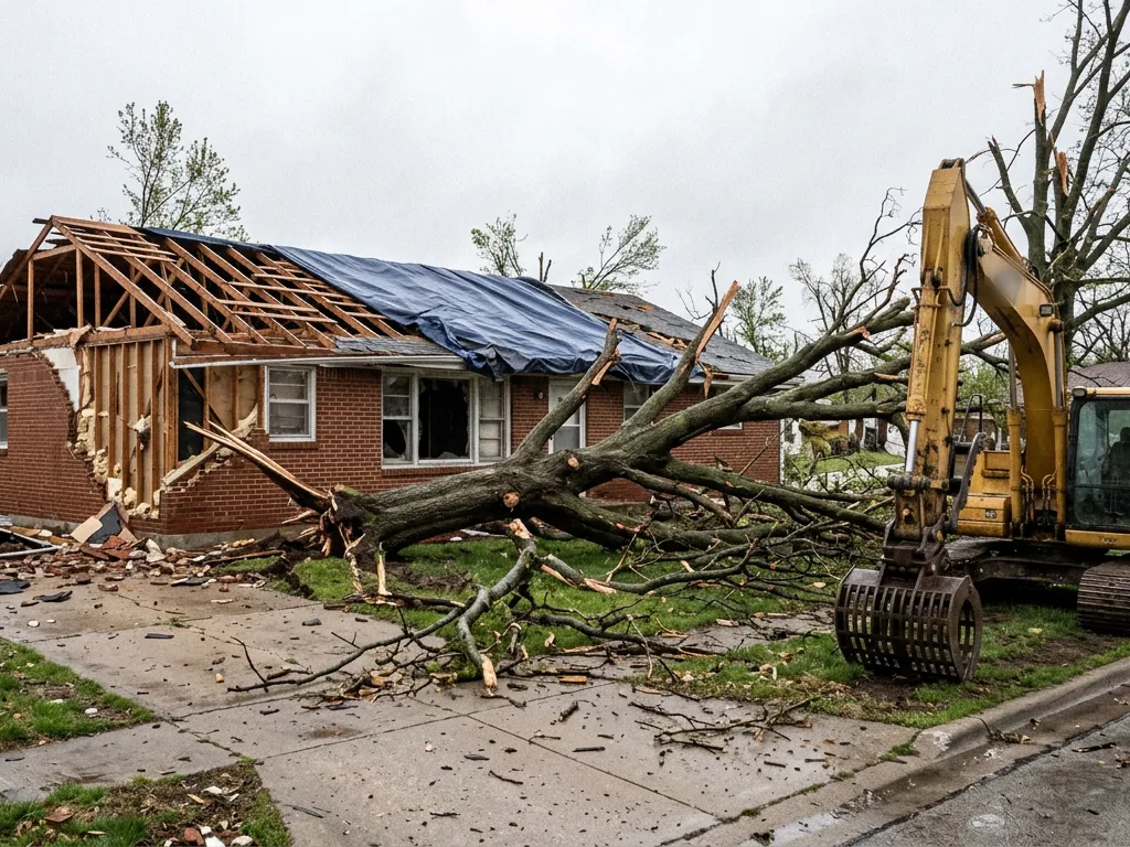 Roof torn off a brick ranch in Independence, Missouri with framing exposed, one of the signs a house should be demolished